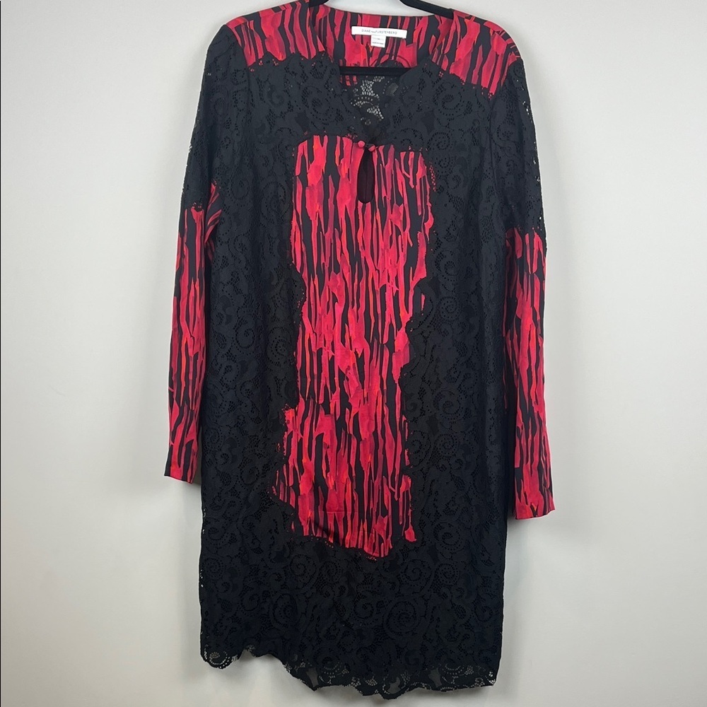 Diane Von Furstenberg 95% Silk Red Black Lace Shift Cocktail Dress Size 14